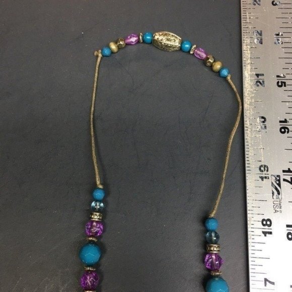 Long Necklace Purple Turquoise Blue Silver Beige Round Faceted Retro BoHo - Picture 5 of 6
